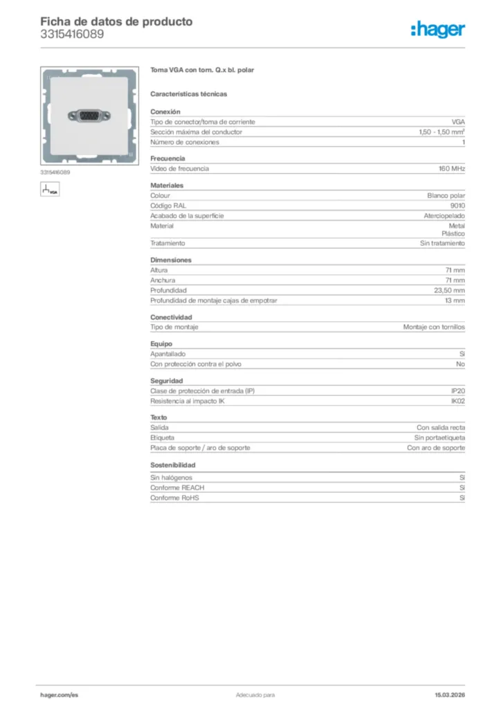 Imagen Hager Ficha de datos de producto 3315416089 | Hager España