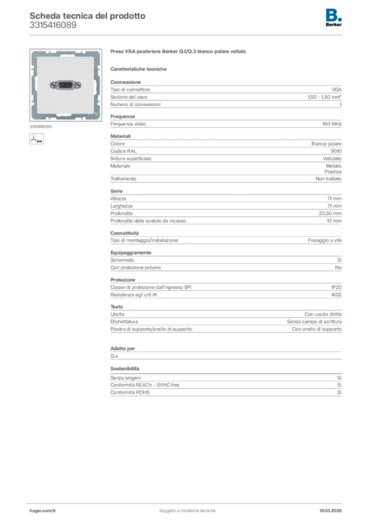 Immagine Berker Scheda tecnica del prodotto 3315416089 | Hager Italia