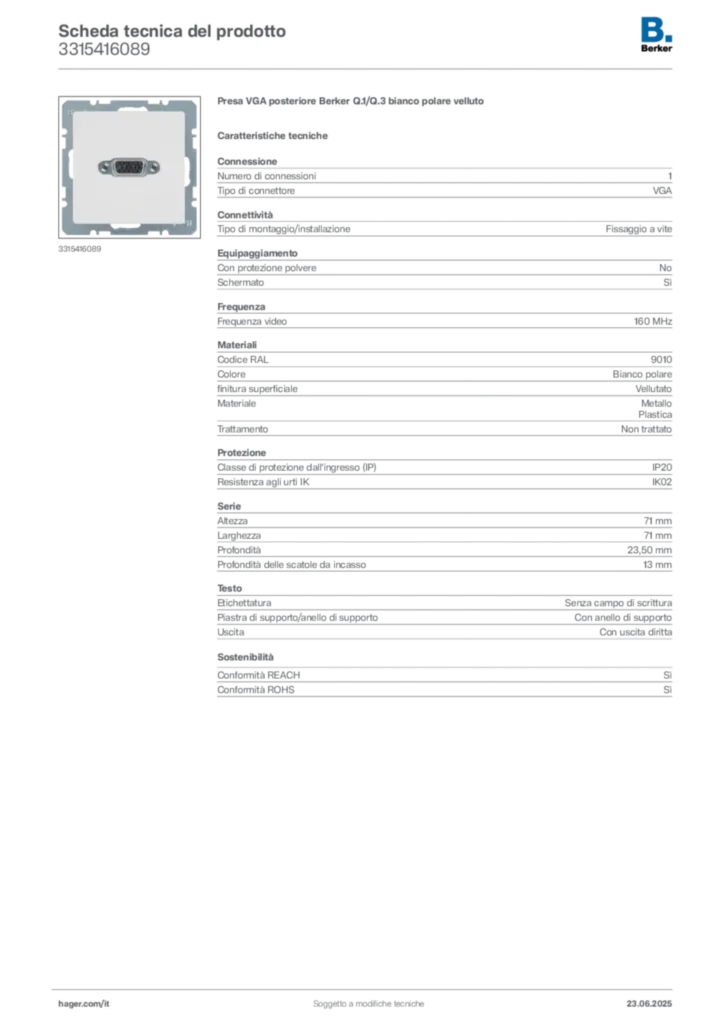 Immagine Berker Scheda tecnica del prodotto 3315416089 | Hager Italia