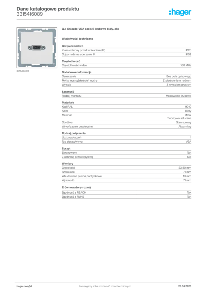 Zdjęcie Hager Dane katalogowe produktu 3315416089 | Hager Polska