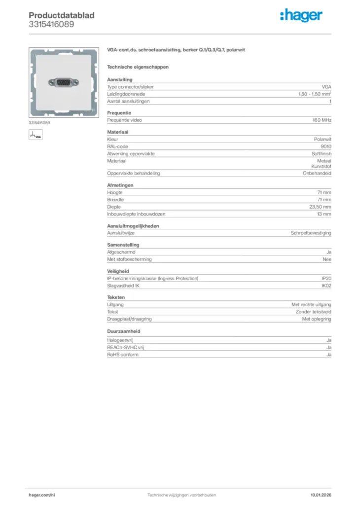 Afbeelding Hager Productdatablad 3315416089 | Hager Nederland