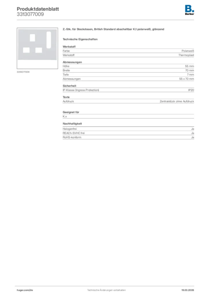 Bild Berker Produktdatenblatt 3313077009 | Hager Deutschland