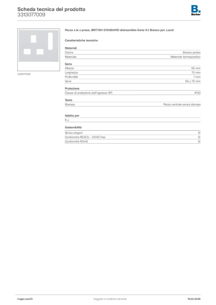 Immagine Berker Scheda tecnica del prodotto 3313077009 | Hager Italia