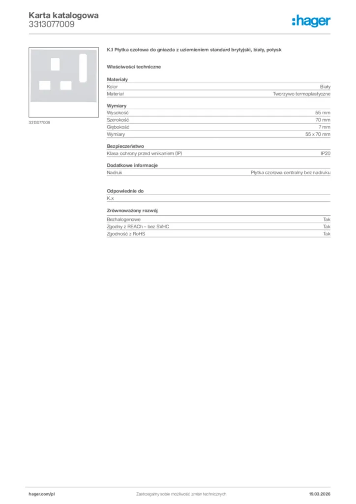 Zdjęcie Hager Karta katalogowa 3313077009 | Hager Polska
