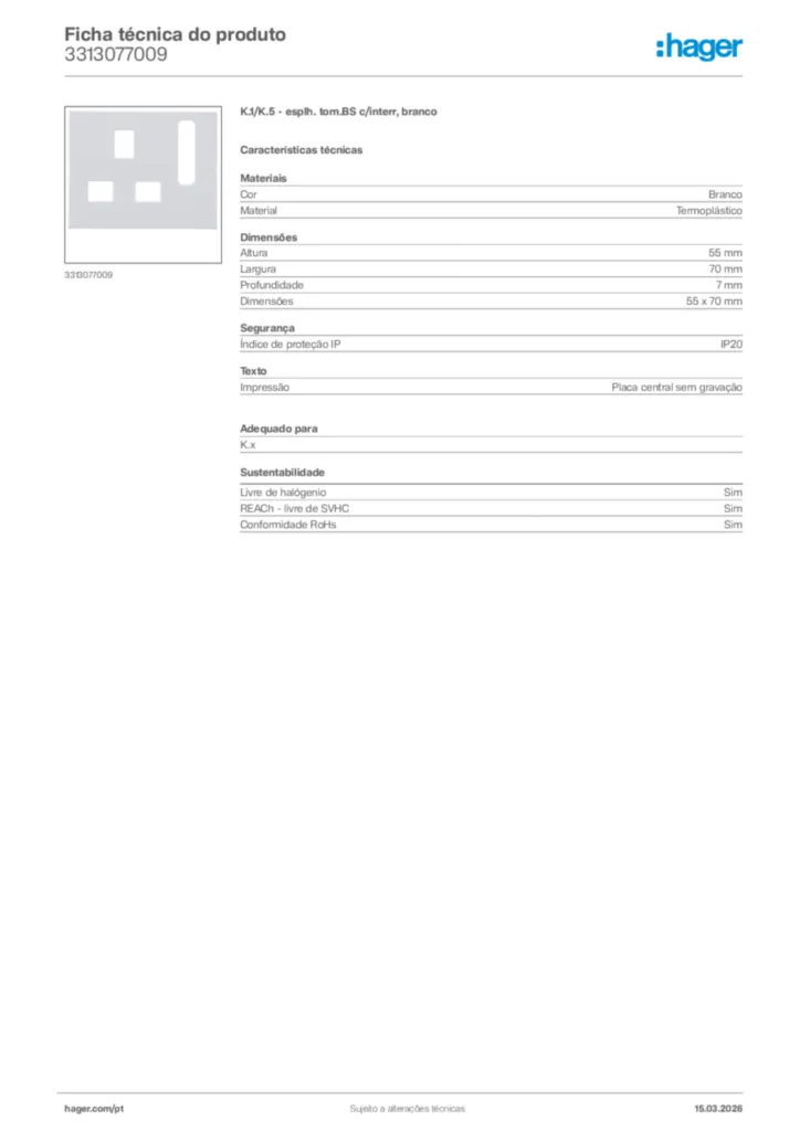 Imagem Hager Ficha técnica do produto 3313077009 | Hager Portugal