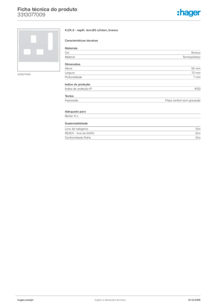 Imagem Hager Ficha técnica do produto 3313077009 | Hager Portugal