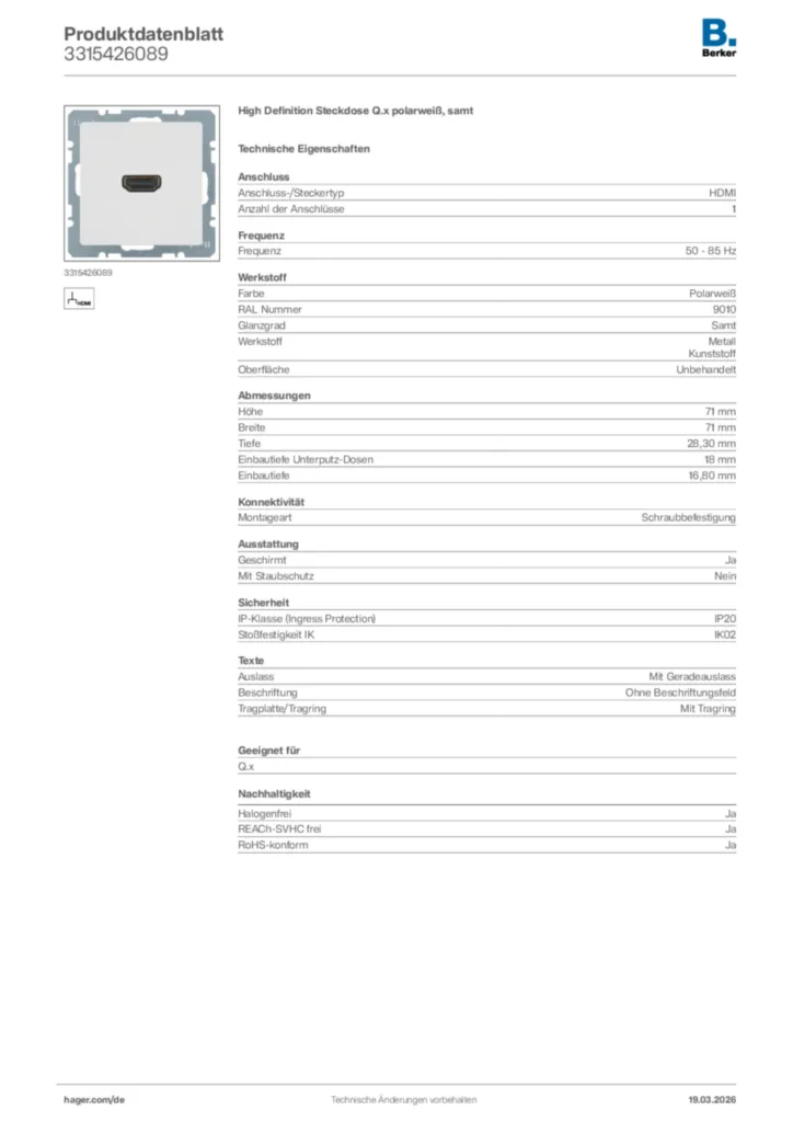Bild Berker Produktdatenblatt 3315426089 | Hager Deutschland