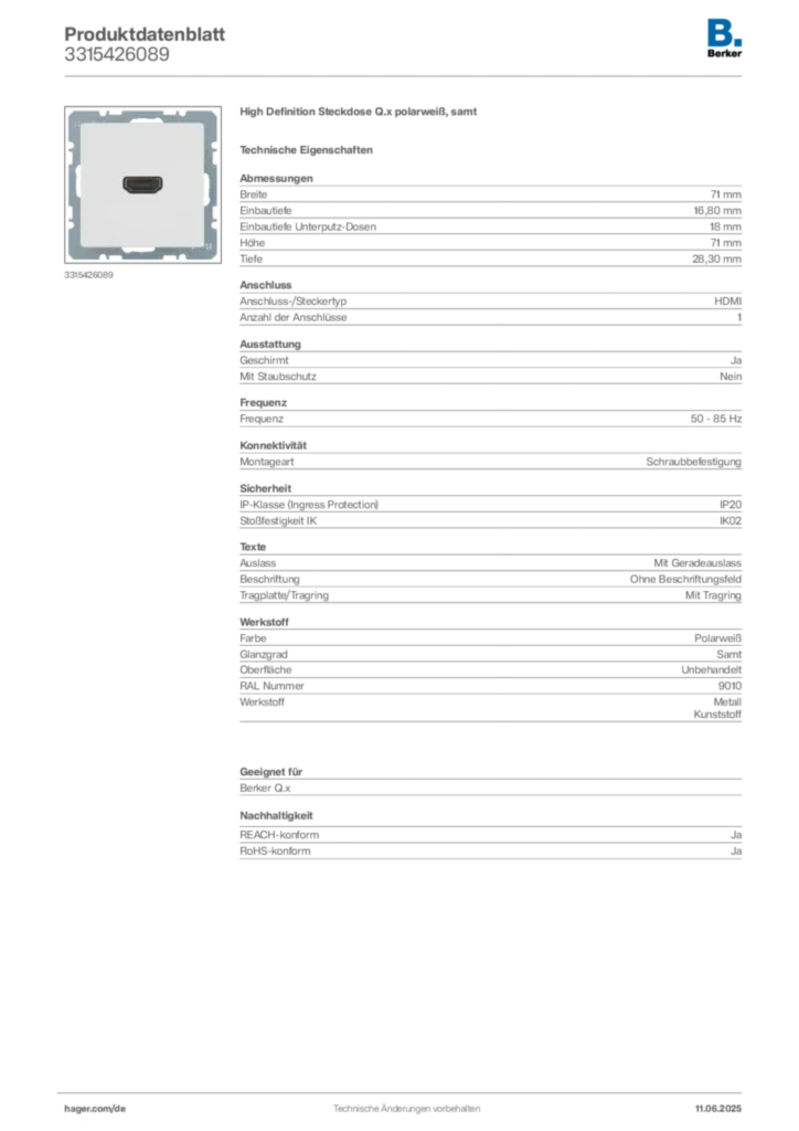 Bild Berker Produktdatenblatt 3315426089 | Hager Deutschland