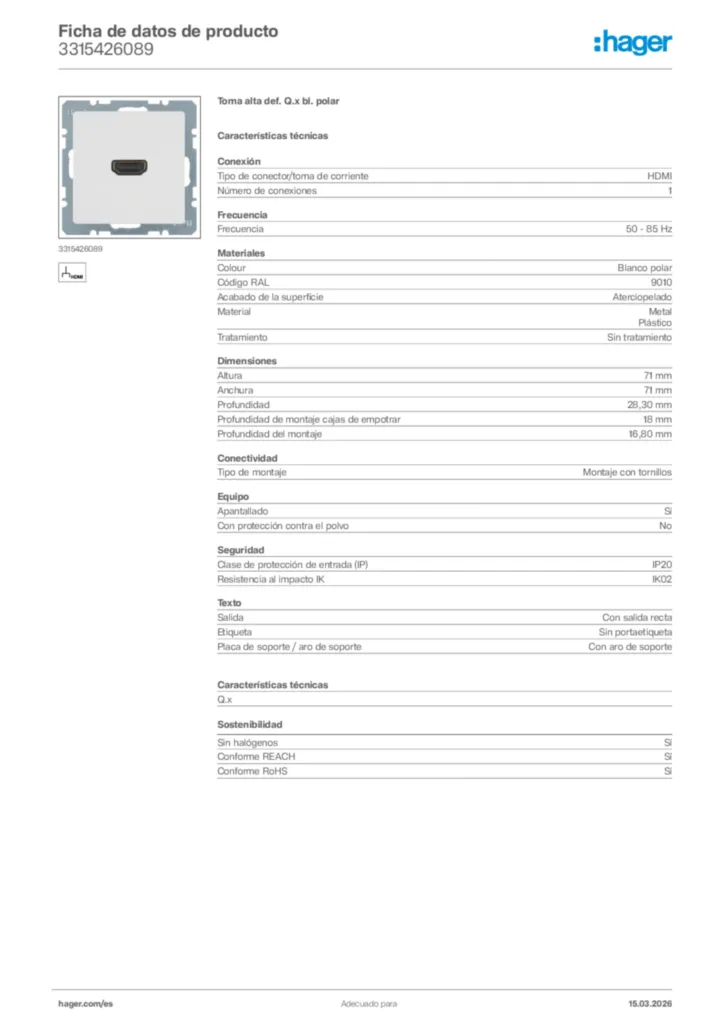 Imagen Hager Ficha de datos de producto 3315426089 | Hager España