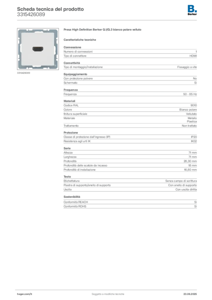 Immagine Berker Scheda tecnica del prodotto 3315426089 | Hager Italia