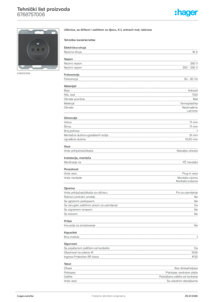Slika Hager Product data sheet 6768757006  | Hager