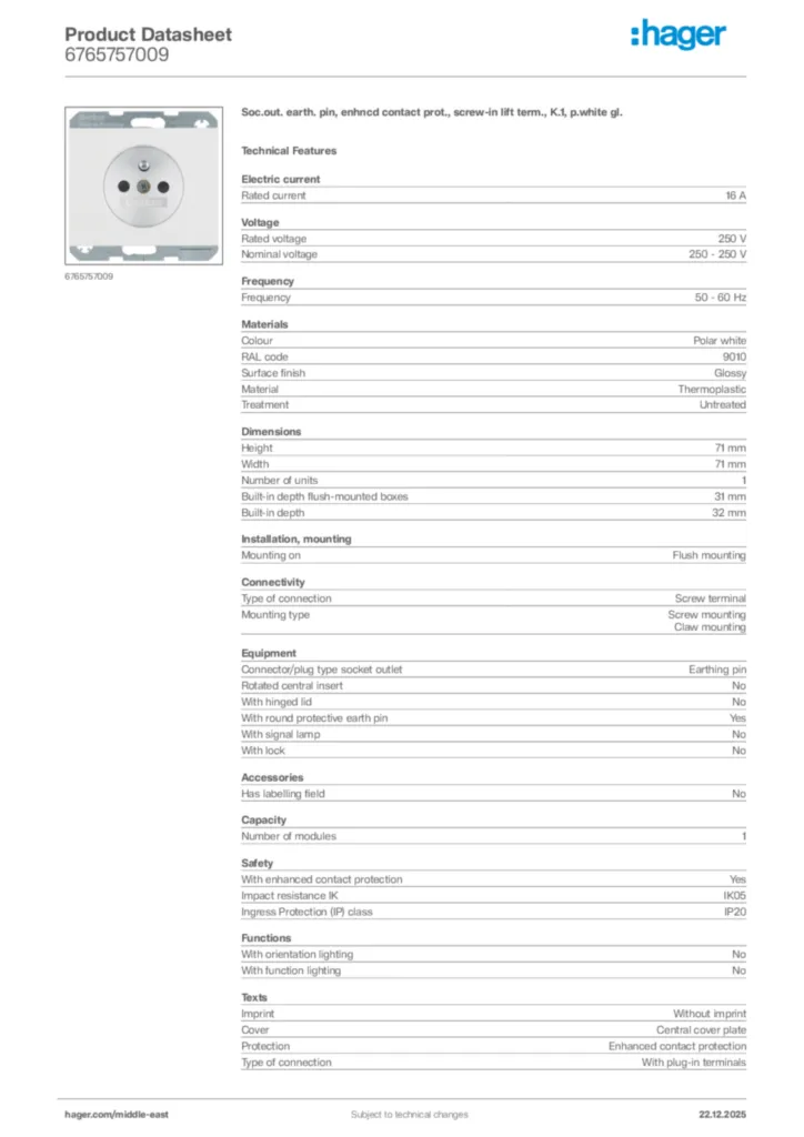 Image Hager Product data sheet 6765757009  | Hager