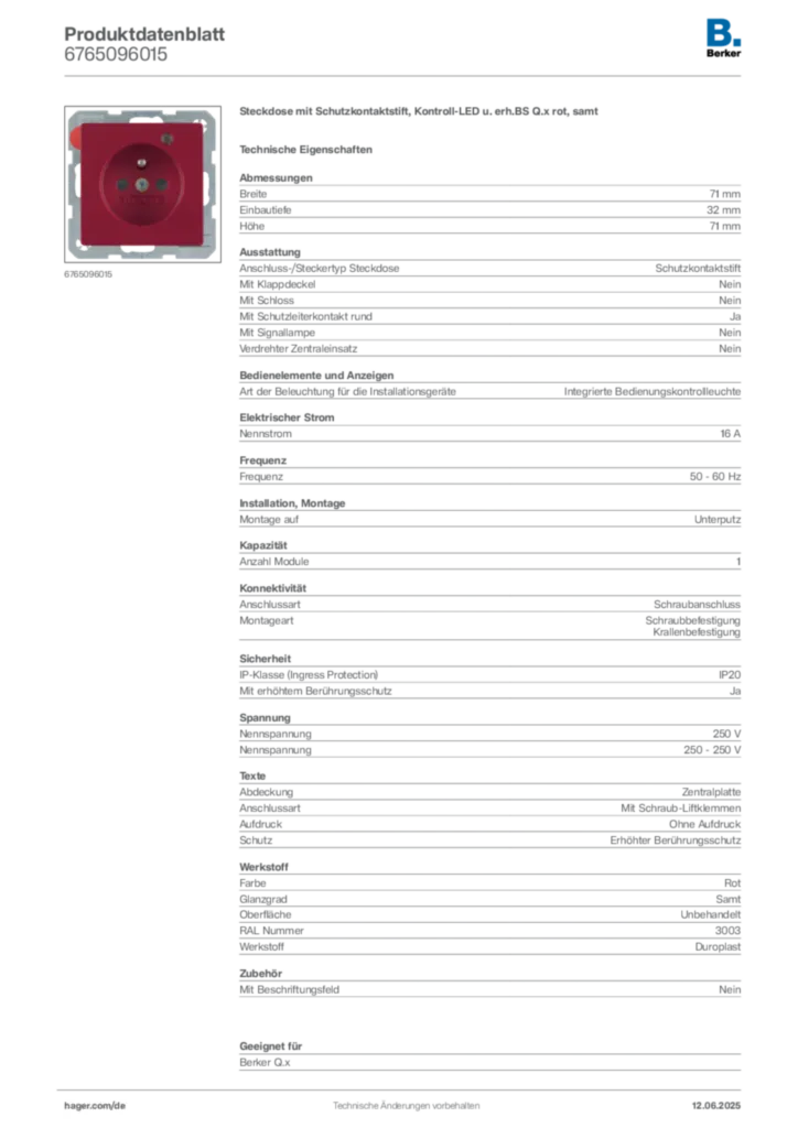 Bild Berker Produktdatenblatt 6765096015 | Hager Deutschland