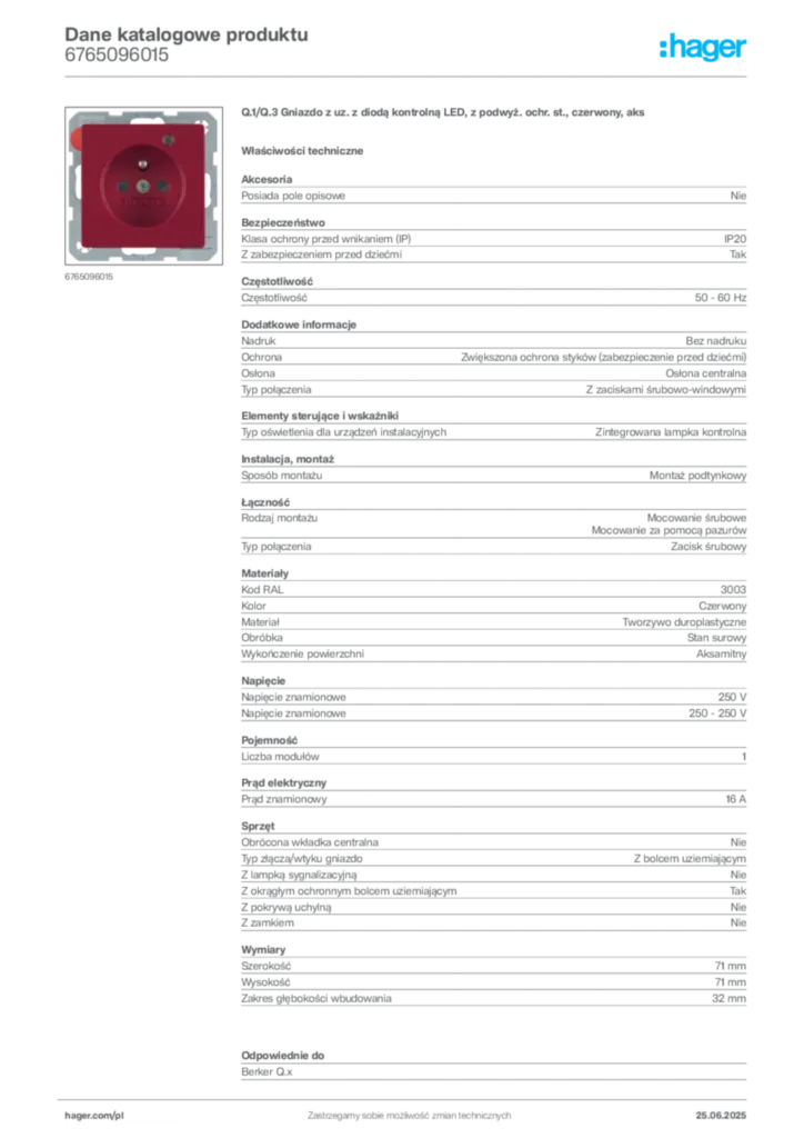 Zdjęcie Hager Dane katalogowe produktu 6765096015 | Hager Polska