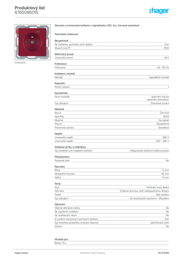 Obrázek Hager Produktový list 6765096015 | Hager