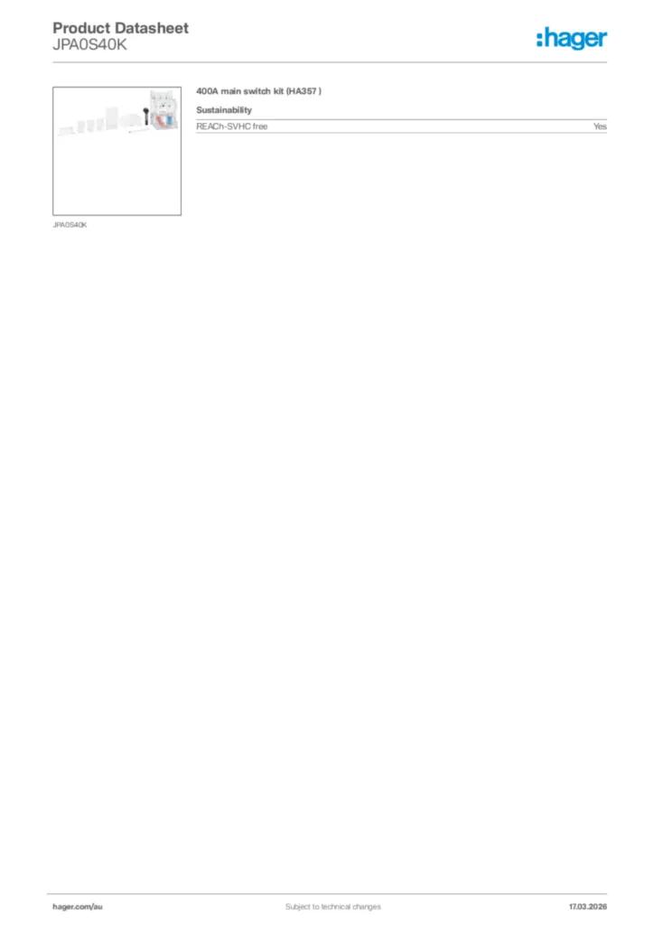 Image Hager Product data sheet JPA0S40K  | Hager Australia