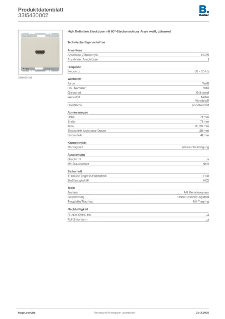 Bild Berker Produktdatenblatt 3315430002 | Hager Deutschland