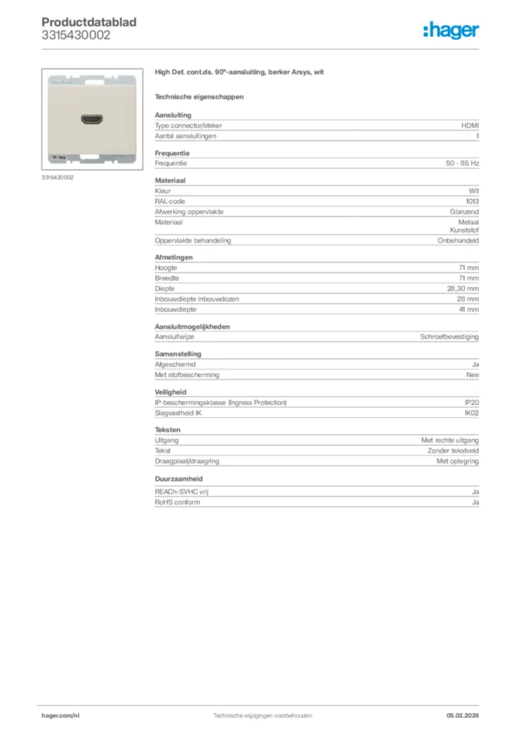 Afbeelding Hager Productdatablad 3315430002 | Hager Nederland