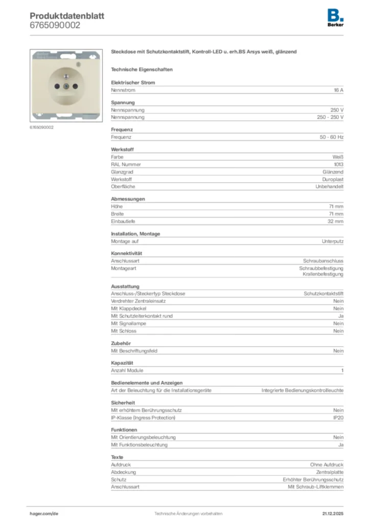 Bild Berker Produktdatenblatt 6765090002 | Hager Deutschland
