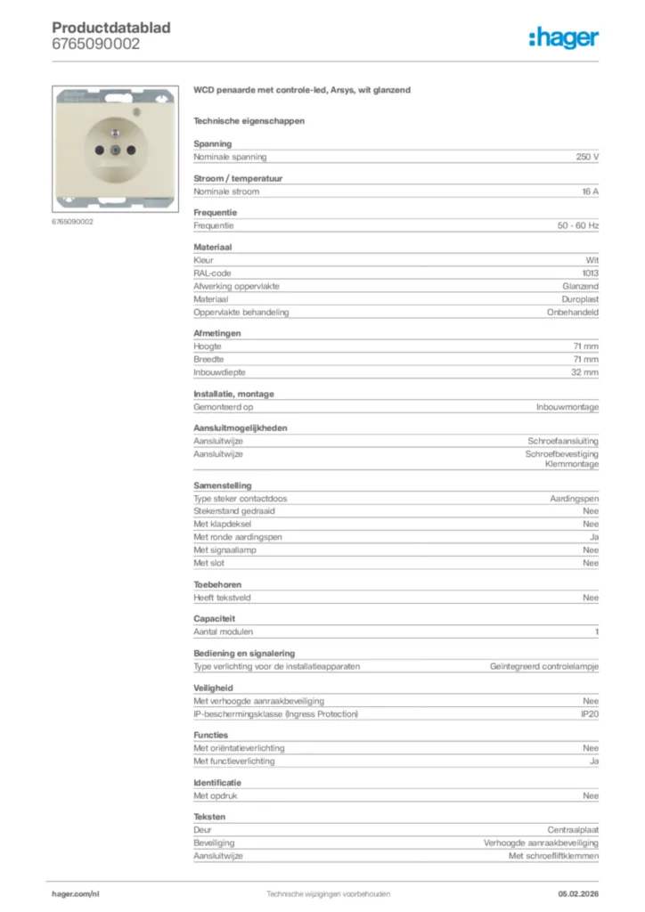 Afbeelding Hager Productdatablad 6765090002 | Hager Nederland