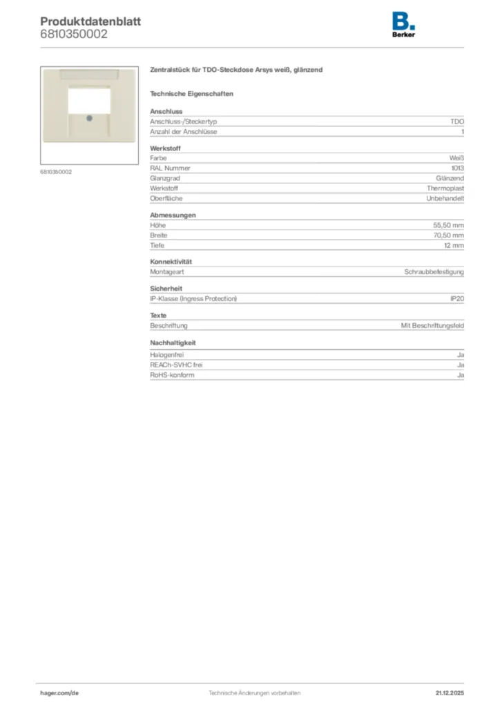 Bild Berker Produktdatenblatt 6810350002 | Hager Deutschland