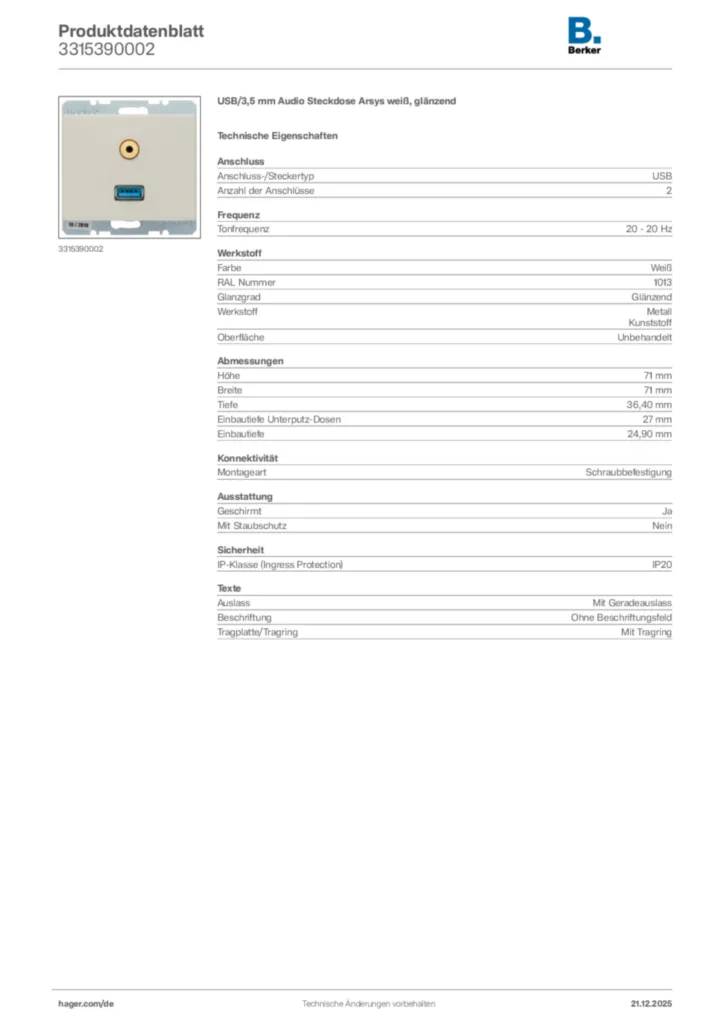 Bild Berker Produktdatenblatt 3315390002 | Hager Deutschland