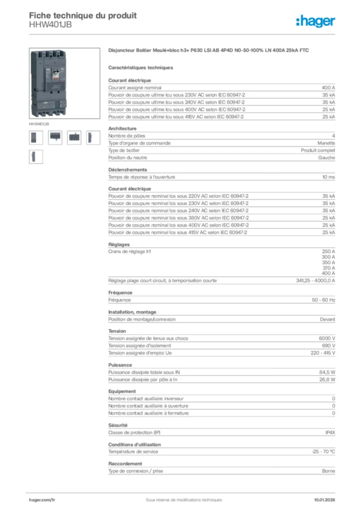 Image Hager Fiche technique du produit HHW401JB | Hager France