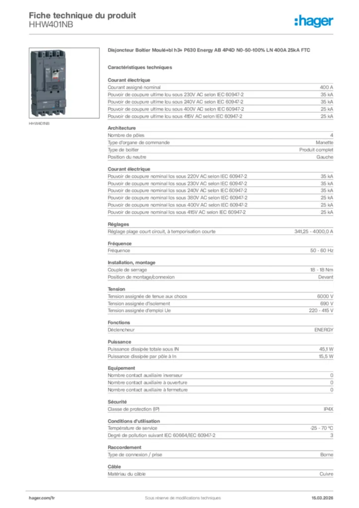 Image Hager Fiche technique du produit HHW401NB | Hager France