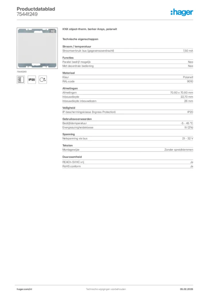 Afbeelding Hager Productdatablad 75441249 | Hager Nederland