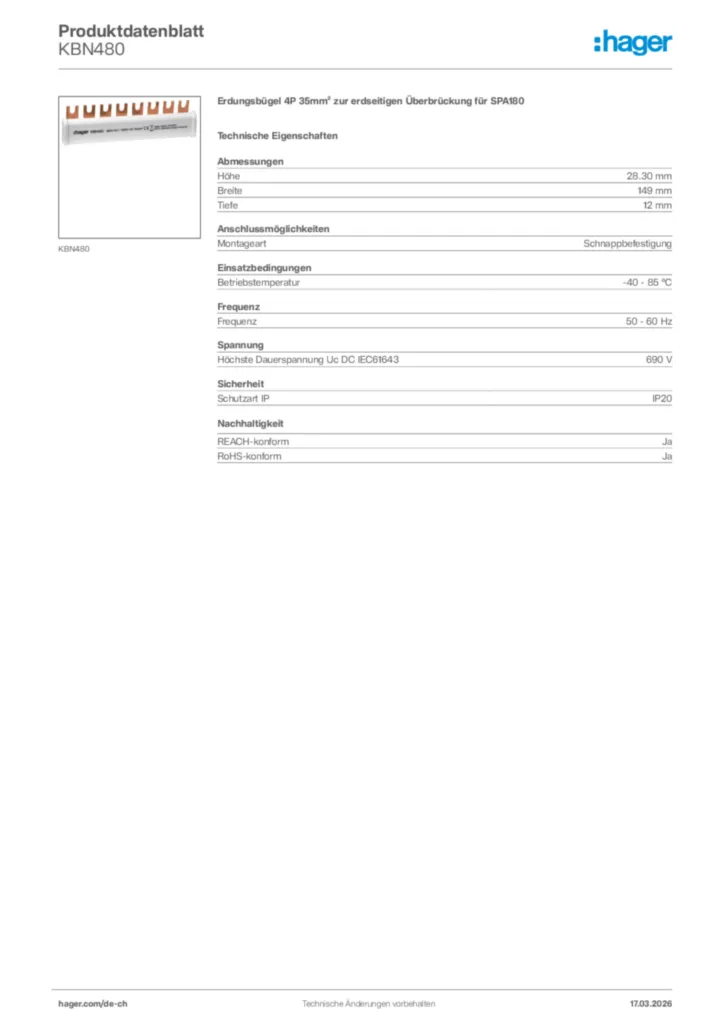 Bild Hager Produktdatenblatt KBN480 | Hager Schweiz