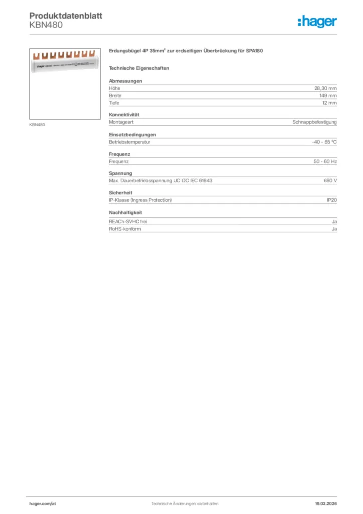 Bild Hager Produktdatenblatt KBN480 | Hager Deutschland