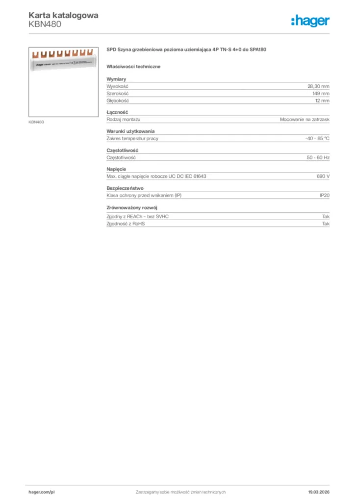 Zdjęcie Hager Karta katalogowa KBN480 | Hager Polska