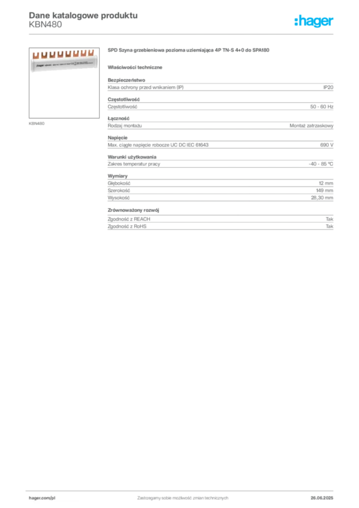Zdjęcie Hager Dane katalogowe produktu KBN480 | Hager Polska