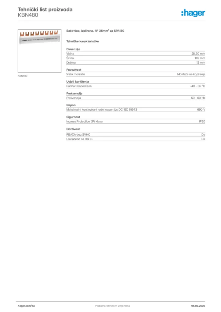 Slika Hager Tehnički list proizvoda KBN480  | Hager