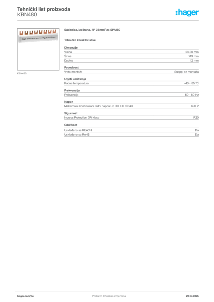 Slika Hager Product data sheet KBN480  | Hager