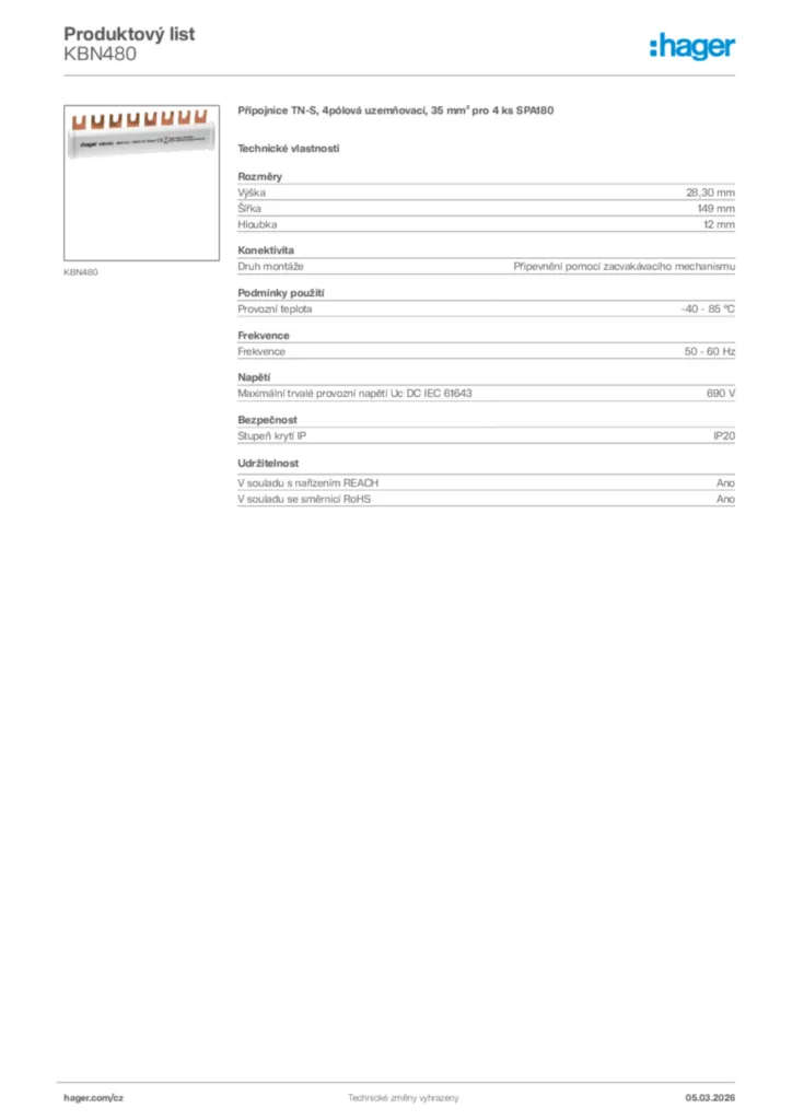 Obrázek Hager Product data sheet KBN480 | Hager