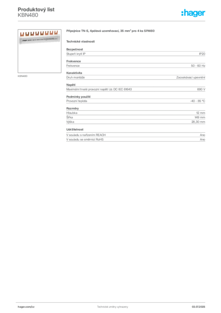 Obrázek Hager Produktový list KBN480 | Hager