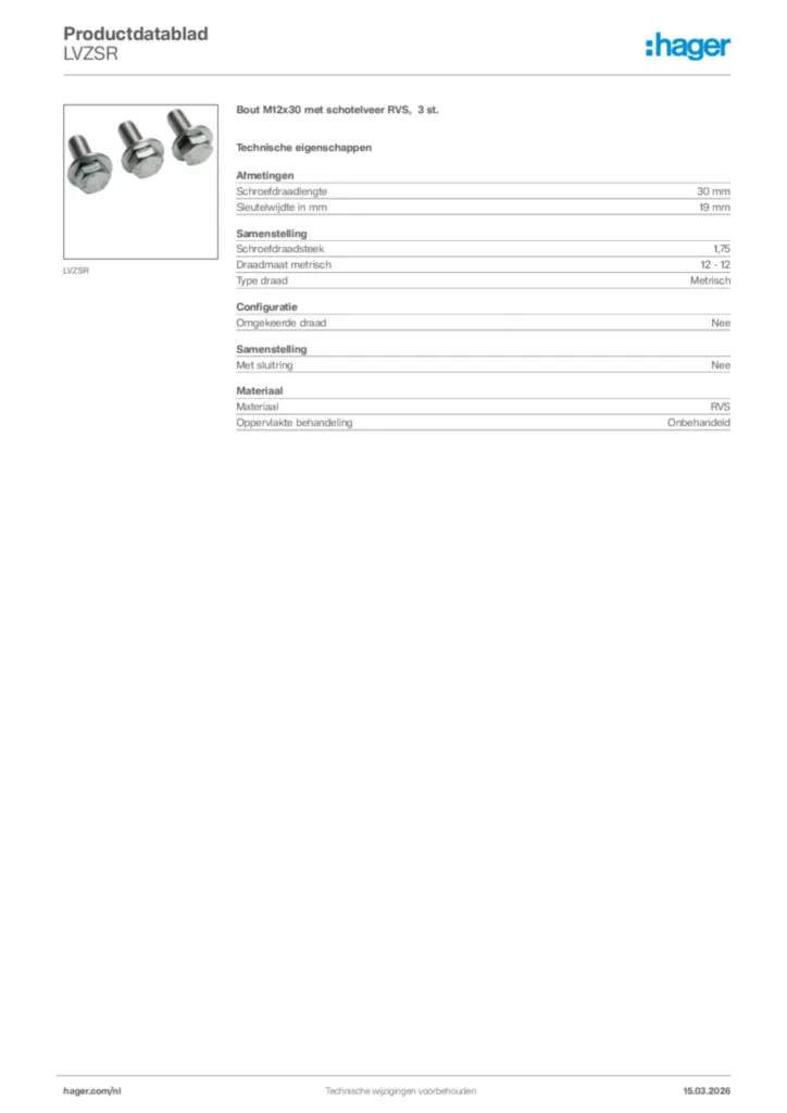 Afbeelding Hager Productdatablad LVZSR | Hager Nederland