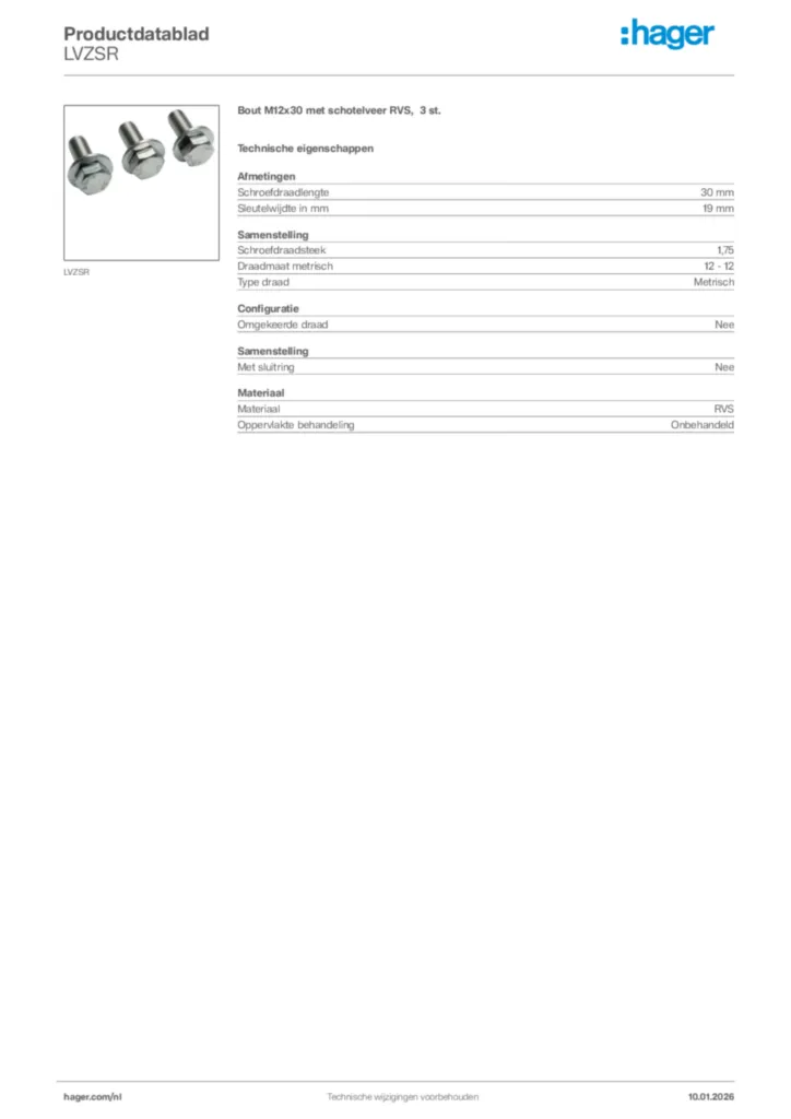 Afbeelding Hager Productdatablad LVZSR | Hager Nederland