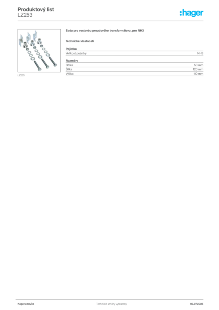 Obrázek Hager Produktový list LZ253 | Hager