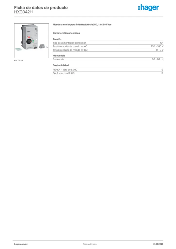 Imagen Hager Ficha de datos de producto HXC042H | Hager España