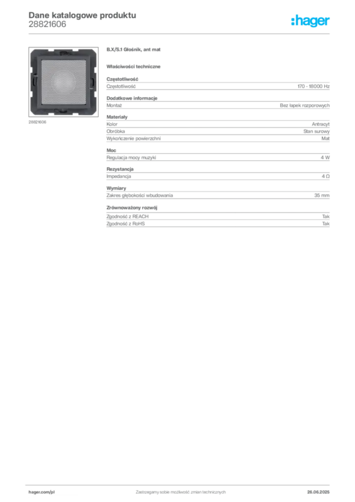Zdjęcie Hager Dane katalogowe produktu 28821606 | Hager Polska