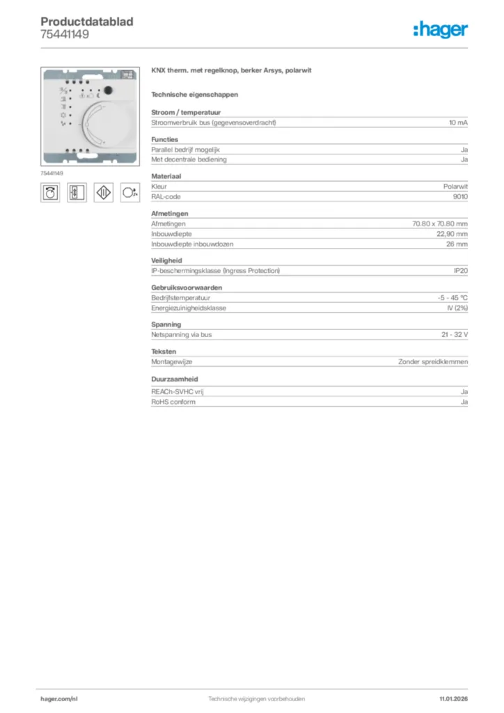 Afbeelding Hager Productdatablad 75441149 | Hager Nederland