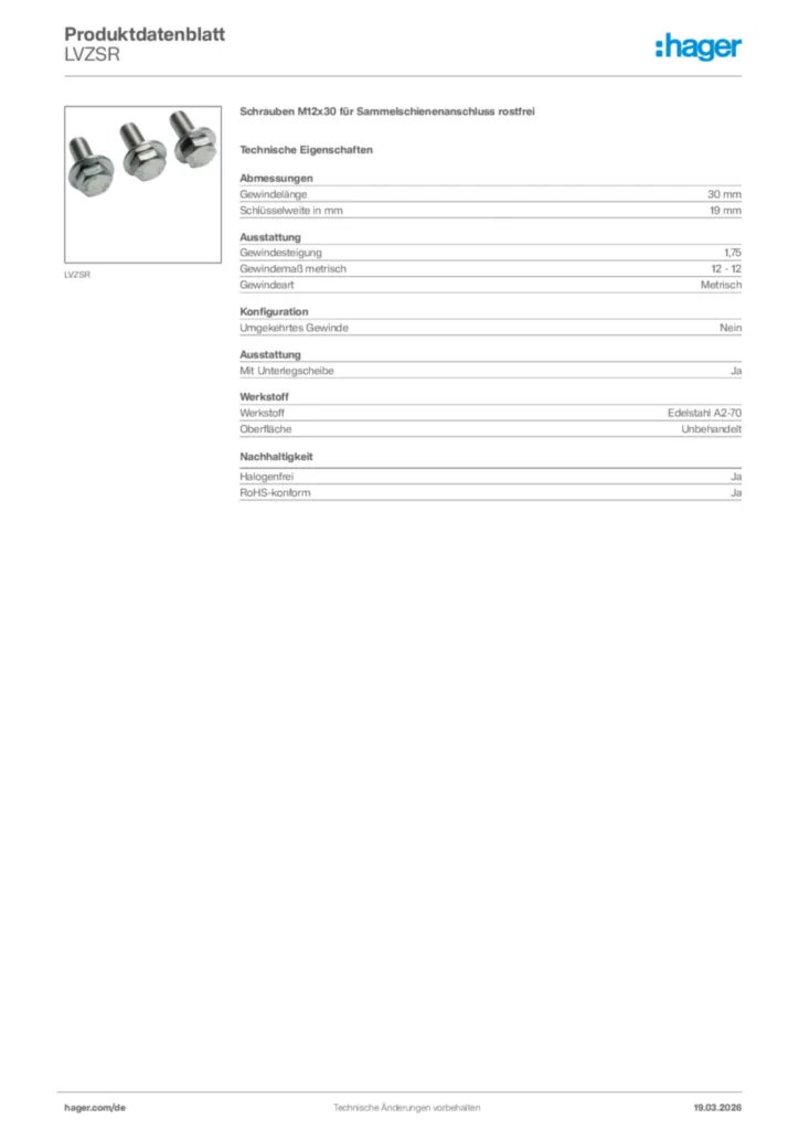 Bild Hager Produktdatenblatt LVZSR | Hager Deutschland