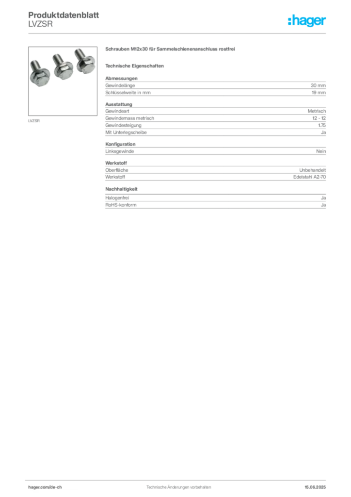 Bild Hager Produktdatenblatt LVZSR | Hager Schweiz