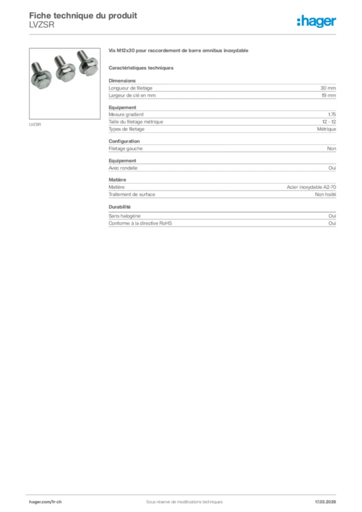 Image Hager Fiche technique du produit LVZSR | Hager Suisse