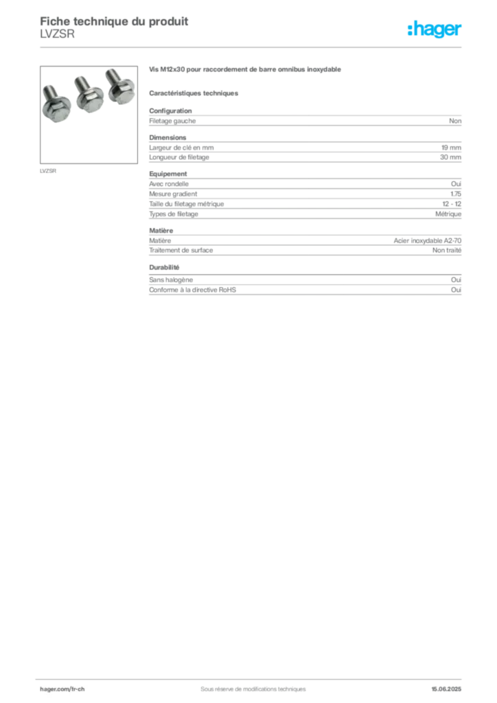 Image Hager Fiche technique du produit LVZSR | Hager Suisse