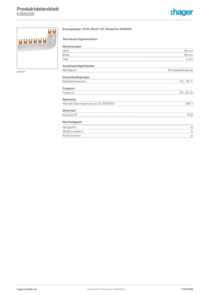 Bild Hager Produktdatenblatt KBN381 | Hager Schweiz