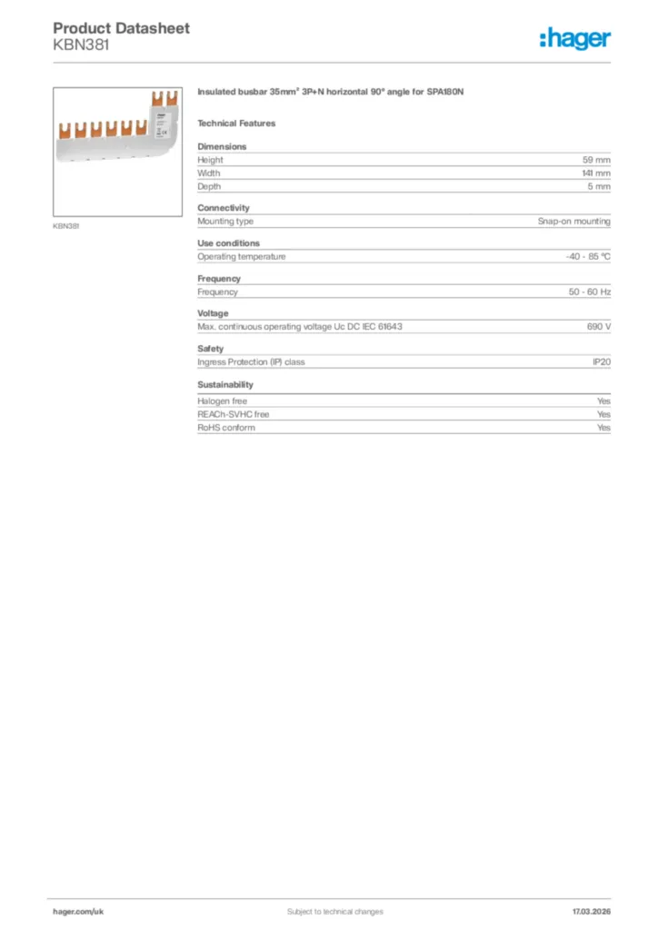 Image Hager Product data sheet KBN381  | Hager
