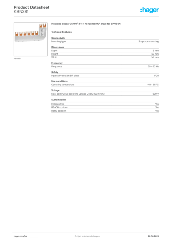 Image Hager Product data sheet KBN381  | Hager